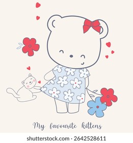 Meu gatinho favorito ,Urso de bebê com gatinho, flor, coração, arco 
Mão, Ilustração de urso bonito com gato.