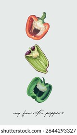 Meus pimentões favoritos. Texto com legumes, estilo Aquarela. Conceito de pôster