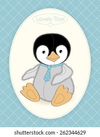 My favorite toy penguin drawn on a quilted turquoise background 