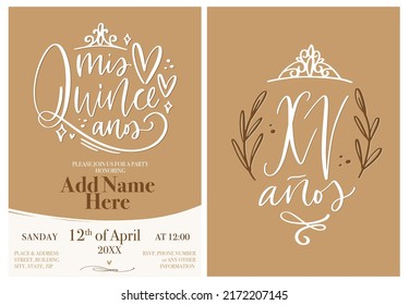 My Fifteen Years Quinceanera Invitation Template With Calligraphy Text In Spanish Language For 15th Birthday Celebration. Modern Elegant Greeting Card Design In Neutral Beige, White And Brown Colors. 