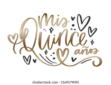 Mi decimoquinto cumpleaños, tarjeta Quinceañera vector diseño de lujo negro, blanco y dorado en español. Celebración de las adolescentes en países latinos.