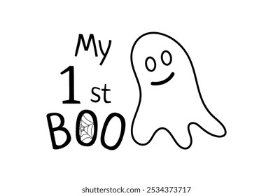 My first (1st) Boo Halloween Kids Typography Design. Isolated on white background. Hand drawn lettering for Halloween greeting cards, invitations. Good for t-shirt, mug, gifts, greeting cards. Vector.