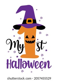 My first (1st) Halloween - Greeting card. Modern brush calligraphy. Isolated on white background. Hand drawn lettering for Halloween greeting cards, invitations. Good for t-shirt, mug, gifts.