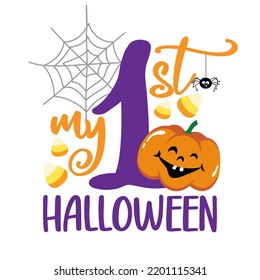 My first (1st) Halloween - Greeting card. Modern brush calligraphy. Isolated on white background. Hand drawn lettering for Halloween greeting cards, invitations. Good for t-shirt, mug, gifts.