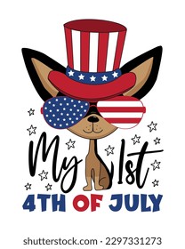 My first 4th of July - cartoon chihuahua dog in uncle sam hat and sunglasses and with fireworks. Good for baby clothes, poster, greeting cad, label and other decoration.