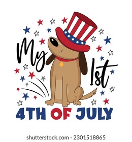 My first 4th of July - cartoon dog in uncle sam hat and with fireworks. Good for baby clothes, poster, greeting cad, label and other decoration.