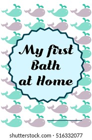 My First Bath- Baby boy milestone card. Vector illustration