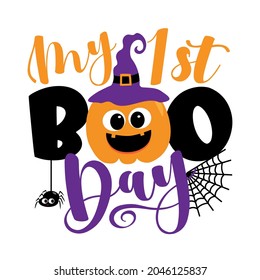 My first boo day - cute Halloween greeting with pumpkin in witch hat, and spider.
Good for baby clothes, greeting card decoration, poster, and gift design.