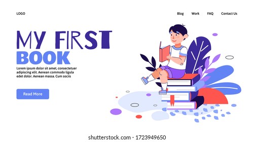 My first book - banner header and reading child, cartoon vector illustration.