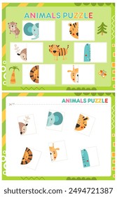 My first busy book – animals puzzle. Cut halves of puzzle and paste (glue) them in right place. Activity worksheet for toddlers. Matching game. Vector illustration.