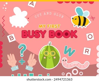 My first busy book – cover template for kids activity book. Vector illustration.