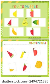 My first busy book – fruits puzzle. Cut halves of puzzle and paste (glue) them in right place. Activity worksheet for toddlers. Matching game. Vector illustration.