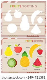 Mi primer libro ocupado - aprendiendo nombres de frutas. Corta las frutas y pégalas (pégalas) en el lugar correcto. Hoja de actividades para niños pequeños. Juego coincidente. Ilustración vectorial.