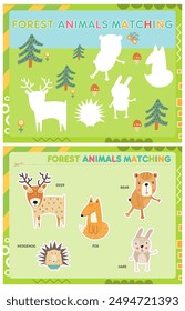 My first busy book – learning names of forest animals. Cut animals and paste (glue) them in right place. Activity worksheet for toddlers. Matching game. Vector illustration.