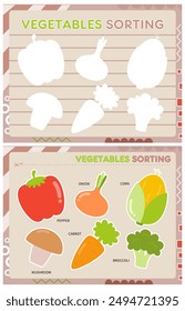 Mi primer libro ocupado - aprendiendo nombres de vegetales. Corta las verduras y pégalas (pégalas) en el lugar correcto. Hoja de actividades para niños pequeños. Juego coincidente. Ilustración vectorial.