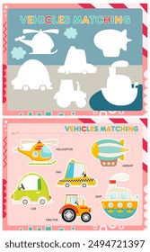 My first busy book – learning names of vehicles. Cut transportation and paste (glue) them in right place. Activity worksheet for toddlers. Matching game. Vector illustration.