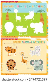 My first busy book – learning names of safari animals. Cut animals and paste (glue) them in right place. Activity worksheet for toddlers. Matching game. Vector illustration.