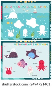 Mi primer libro ocupado - aprendiendo nombres de animales del océano. Cortar los animales bajo el agua y pegarlos (pegarlos) en el lugar correcto. Hoja de actividades para niños pequeños. Juego coincidente. Ilustración vectorial.