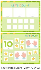 My first busy book – learning count and numbers. Cut number 10, stars, fingers and paste (glue) them in right place. Activity worksheet for toddlers. Matching game. Vector illustration.