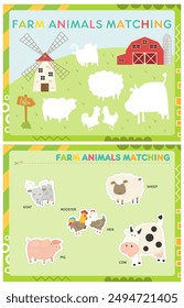 Mi primer libro ocupado - aprendiendo nombres de animales de granja. Cortar los animales y pegarlos (pegarlos) en el lugar correcto. Hoja de actividades para niños pequeños. Juego coincidente. Ilustración vectorial.