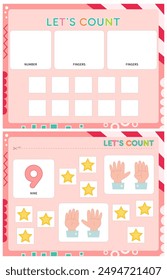 My first busy book – learning count and numbers. Cut number 9, stars, fingers and paste (glue) them in right place. Activity worksheet for toddlers. Matching game. Vector illustration.