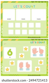 My first busy book – learning count and numbers. Cut number 6, stars, fingers and paste (glue) them in right place. Activity worksheet for toddlers. Matching game. Vector illustration.