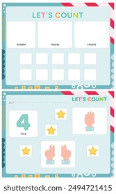 My first busy book – learning count and numbers. Cut number 4, stars, fingers and paste (glue) them in right place. Activity worksheet for toddlers. Matching game. Vector illustration.