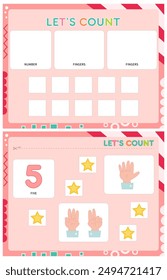 My first busy book – learning count and numbers. Cut number 5, stars, fingers and paste (glue) them in right place. Activity worksheet for toddlers. Matching game. Vector illustration.