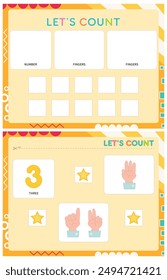 My first busy book – learning count and numbers. Cut number 3, stars, fingers and paste (glue) them in right place. Activity worksheet for toddlers. Matching game. Vector illustration.