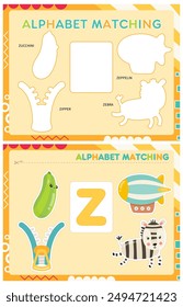 My first busy book – learning alphabet. Cut letter Z and pictures starts with Z and paste (glue) it in right place. Activity worksheet for toddlers. Matching game. Vector illustration.