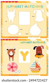 My first busy book – learning alphabet. Cut letter Y and pictures starts with Y and paste (glue) it in right place. Activity worksheet for toddlers. Matching game. Vector illustration.