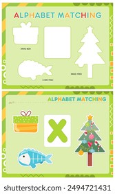 My first busy book – learning alphabet. Cut letter X and pictures starts with X and paste (glue) it in right place. Activity worksheet for toddlers. Matching game. Vector illustration.