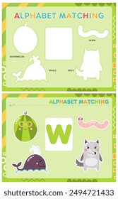 My first busy book – learning alphabet. Cut letter W and pictures starts with W and paste (glue) it in right place. Activity worksheet for toddlers. Matching game. Vector illustration.