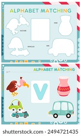 My first busy book – learning alphabet. Cut letter V and pictures starts with V and paste (glue) it in right place. Activity worksheet for toddlers. Matching game. Vector illustration.