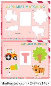 My first busy book – learning alphabet. Cut letter T and pictures starts with T and paste (glue) it in right place. Activity worksheet for toddlers. Matching game. Vector illustration.