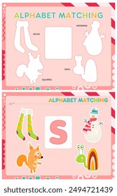 My first busy book – learning alphabet. Cut letter S and pictures starts with S and paste (glue) it in right place. Activity worksheet for toddlers. Matching game. Vector illustration.