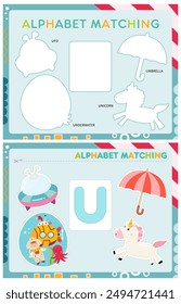 My first busy book – learning alphabet. Cut letter U and pictures starts with U and paste (glue) it in right place. Activity worksheet for toddlers. Matching game. Vector illustration.