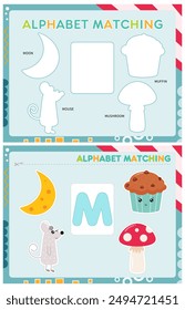 My first busy book – learning alphabet. Cut letter M and pictures starts with M and paste (glue) it in right place. Activity worksheet for toddlers. Matching game. Vector illustration.