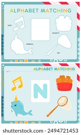 My first busy book – learning alphabet. Cut letter N and pictures starts with N and paste (glue) it in right place. Activity worksheet for toddlers. Matching game. Vector illustration.