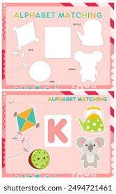 My first busy book – learning alphabet. Cut letter K and pictures starts with K and paste (glue) it in right place. Activity worksheet for toddlers. Matching game. Vector illustration.