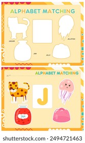 My first busy book – learning alphabet. Cut letter J and pictures starts with J and paste (glue) it in right place. Activity worksheet for toddlers. Matching game. Vector illustration.