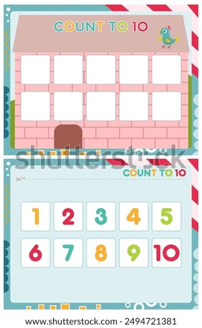 My first busy book – learning count and numbers. Cut numbers from one to ten and paste (glue) them in right place in the house. Activity worksheet for toddlers. Matching game. Vector illustration.