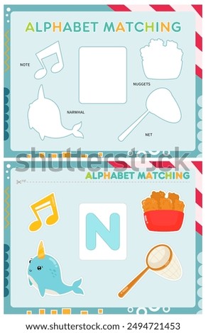 My first busy book – learning alphabet. Cut letter N and pictures starts with N and paste (glue) it in right place. Activity worksheet for toddlers. Matching game. Vector illustration.