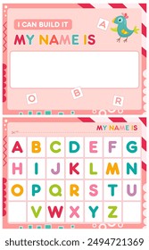 My first busy book – page for build name. Cut letter from table and paste (glue) in place for name. Activity worksheet for toddlers. Learning alphabet. Vector illustration.