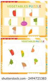 My first busy book – vegetables puzzle. Cut halves of puzzle and paste (glue) them in right place. Activity worksheet for toddlers. Matching game. Vector illustration.