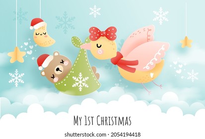 My First Christmas with baby animal, stork and baby bear 