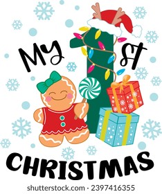 My First Christmas. Baby First Christmas T-Shirt Design for girl. Gingerbread Girl with gifts