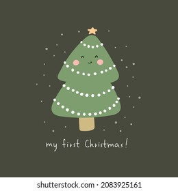 My first Christmas. Cartoon Christmas tree, hand drawing lettering, decorative elements. holiday theme. Colorful vector illustration, flat style. Baby design for greeting cards, print, poster