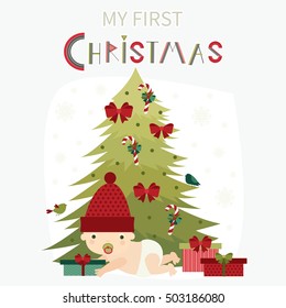 My first Christmas. Cute vector Christmas card with little baby. Child, kid.