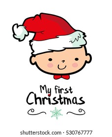 My first Christmas design card / Baby wearing Santa's Hat / Merry Christmas vector stock